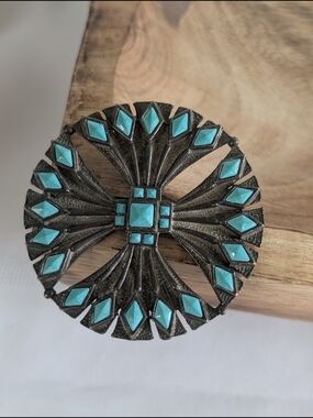 Faux Turquoise St Labre Signed Accent Statement Necklace Pendant Brooch